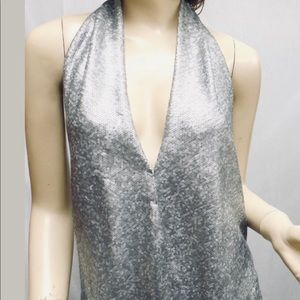DONNA KARAN Silver Platinum Sequins Halter Top